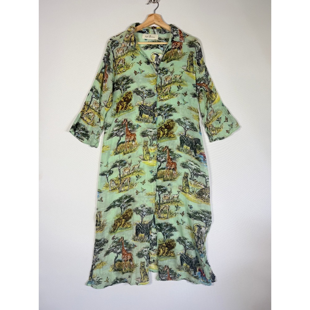 High Sparrow Womens Medium Safari Animal Beaded Shirt Dress Green Artsy Chic